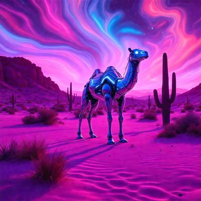 The primary subject of the image is a robot camel standing in a desert-like environment. The setting includes a purple sky and a sandy surface, creating a unique and futuristic atmosphere. The visual style of the image is a combination of digital art and illustration, giving it a surreal and artistic appearance. The dominant colors in the image are purple and pink, which contribute to the overall mood of the scene.